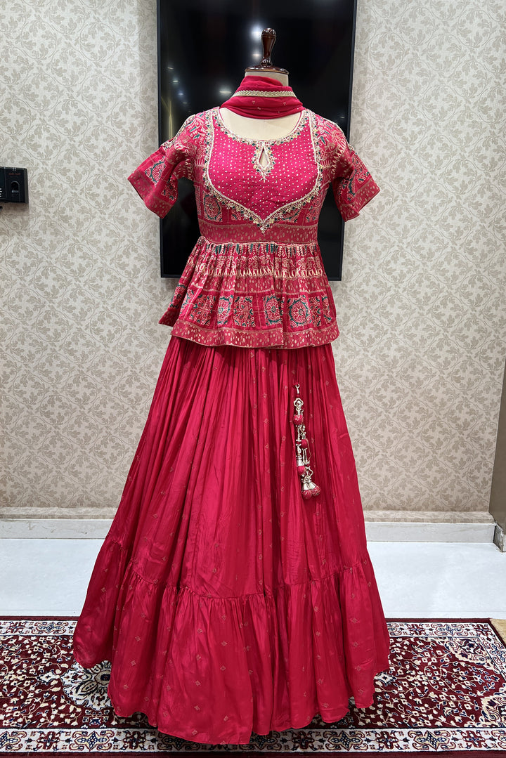 Tomato Red Banaras, Stone, Sequins and Zardozi work Peplum Style Lehenga