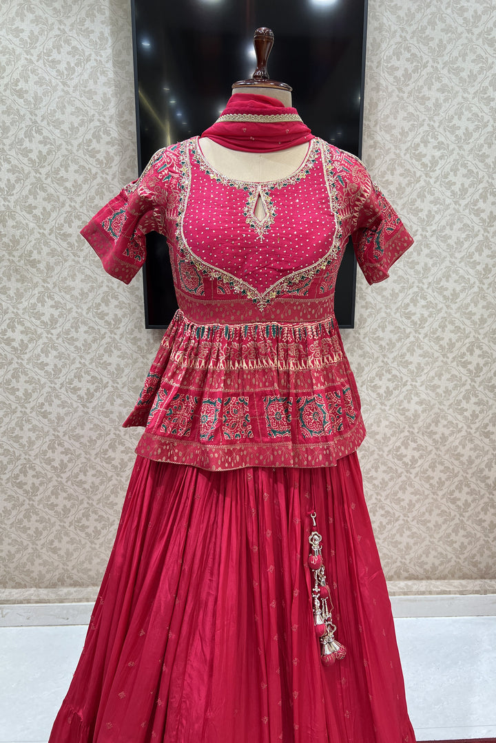 Tomato Red Banaras, Stone, Sequins and Zardozi work Peplum Style Lehenga