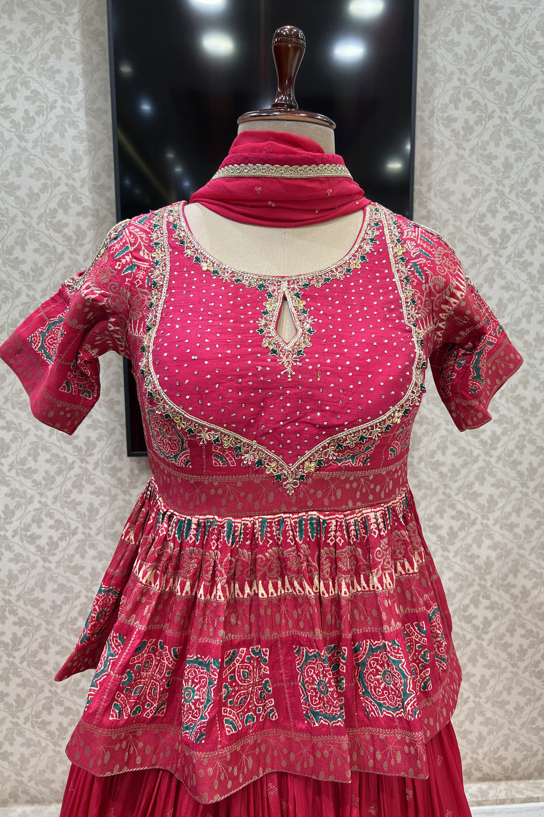 Tomato Red Banaras, Stone, Sequins and Zardozi work Peplum Style Lehenga