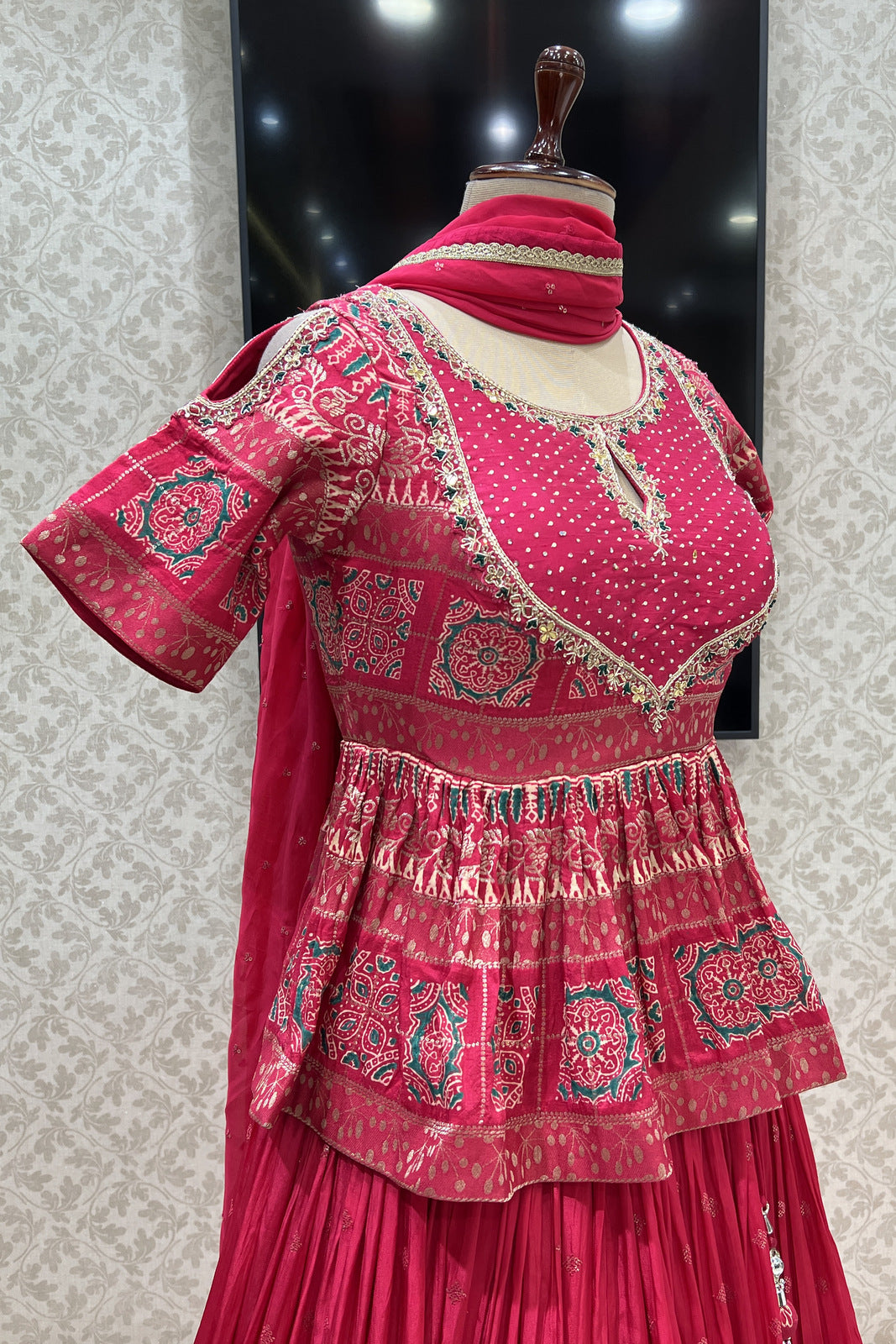 Tomato Red Banaras, Stone, Sequins and Zardozi work Peplum Style Lehenga