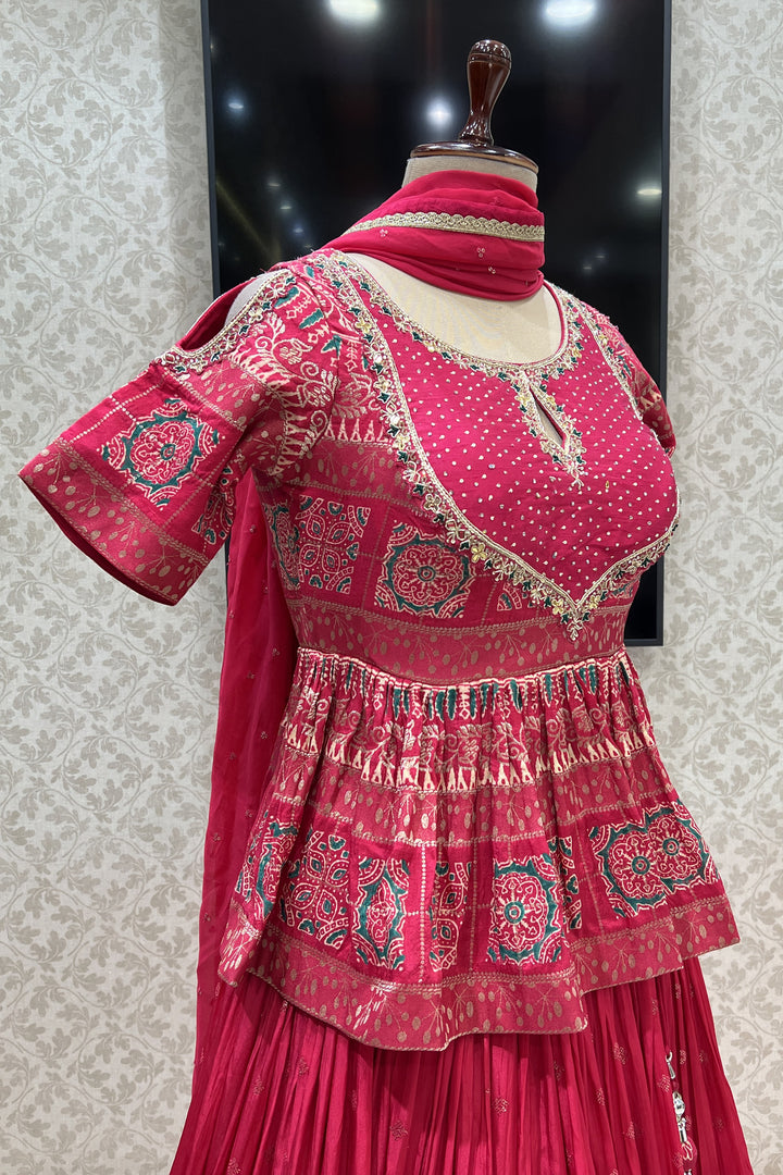 Tomato Red Banaras, Stone, Sequins and Zardozi work Peplum Style Lehenga