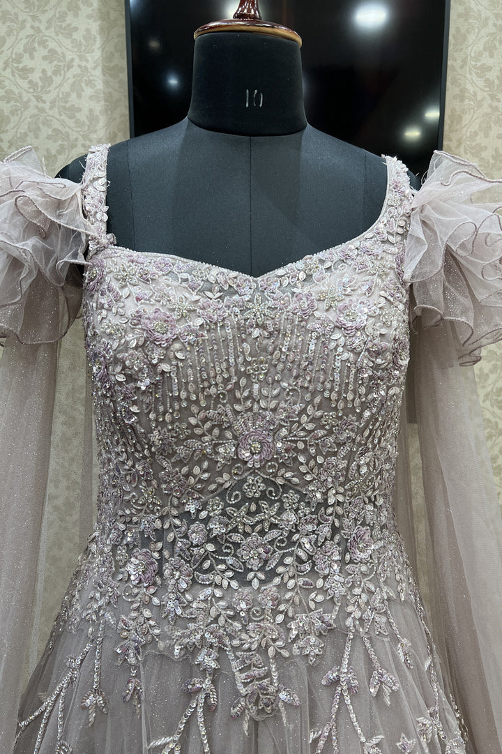 Light Mauve Beads, Sequins and Stone work Bridal and Partywear Gown