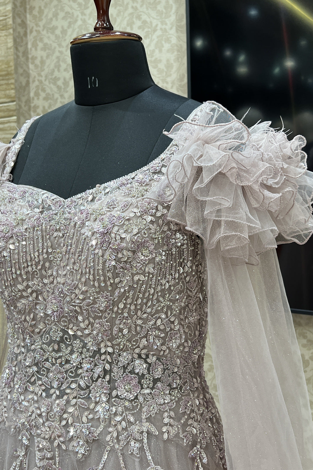 Light Mauve Beads, Sequins and Stone work Bridal and Partywear Gown