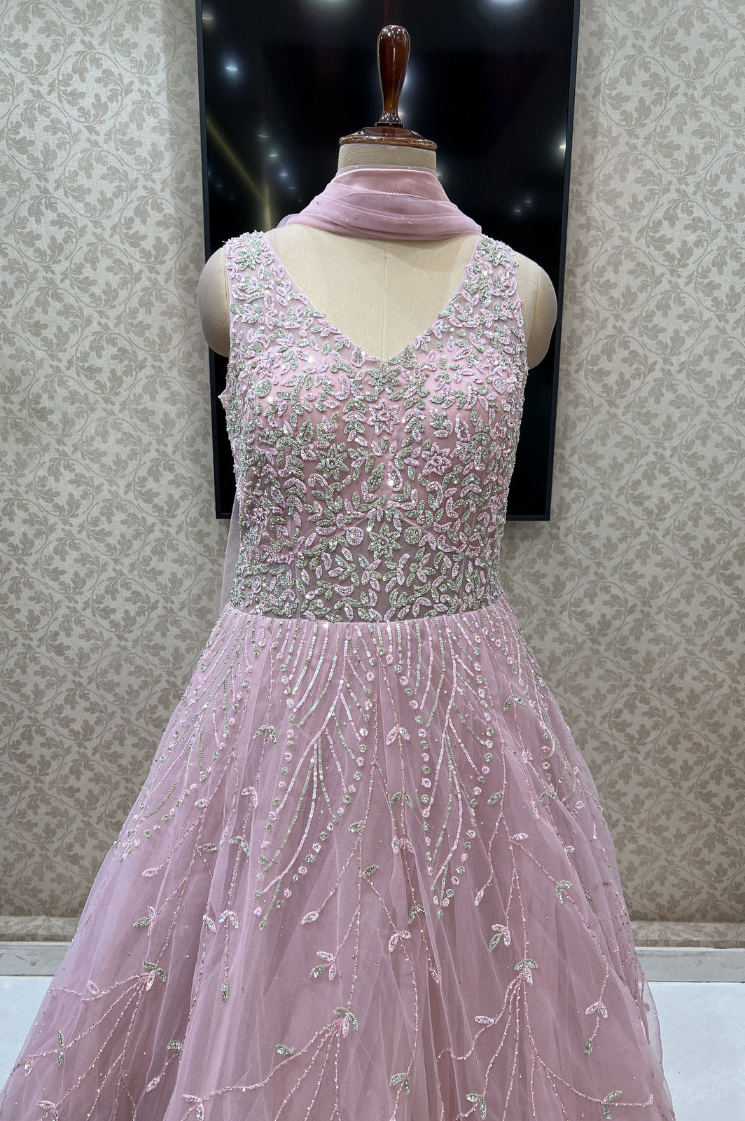 Baby Pink Sequins and Stone work Bridal and Partywear Gown