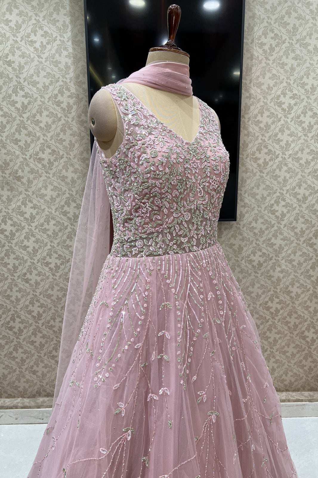 Baby Pink Sequins and Stone work Bridal and Partywear Gown