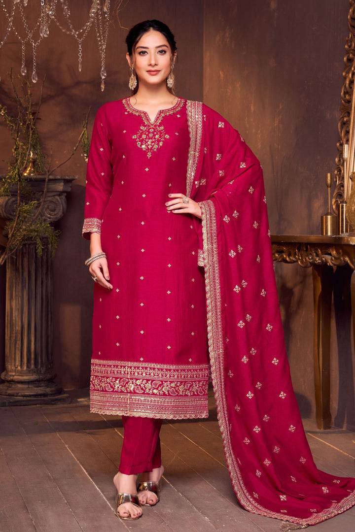 Red Sequins, Zari, Mirror, Zardozi, Beads and Pearls work Straight Cut Salwar Suit