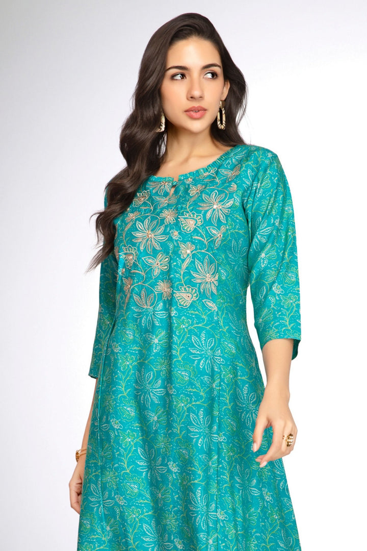 Sky Blue Mirror and Thread work with Digital Print A-Line Cut Calf Length Kurti