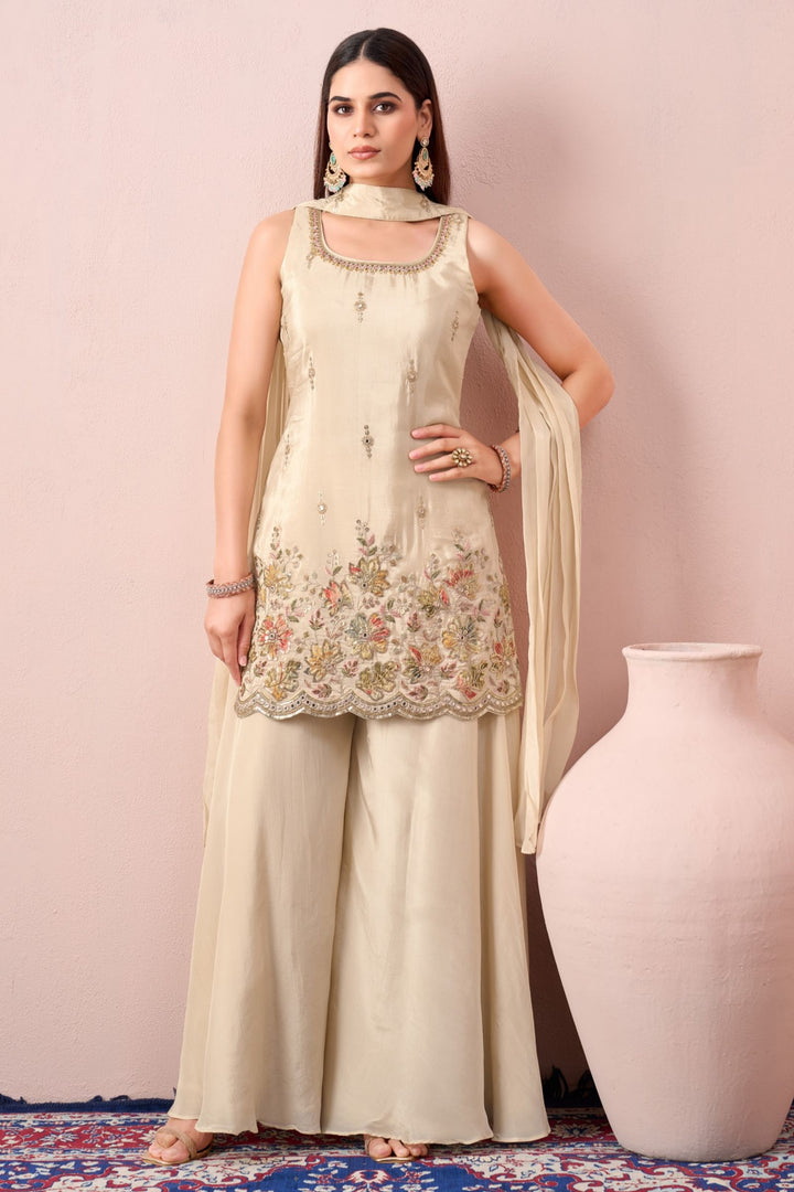 Cream Zari, Sequins, Beads and Mirror work with Floral Print Palazzo Salwar Suit