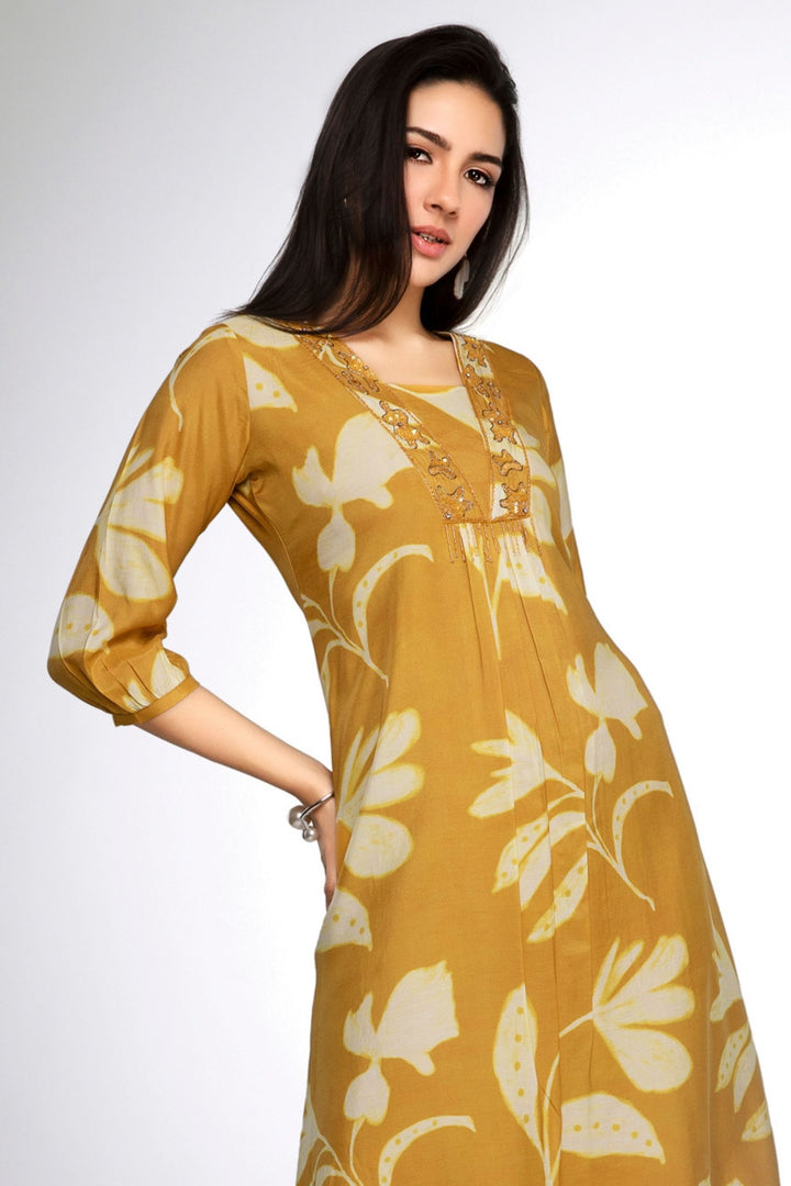 Mustard Beads and Thread work with Digital Print A-line Cut Calf Length Kurti