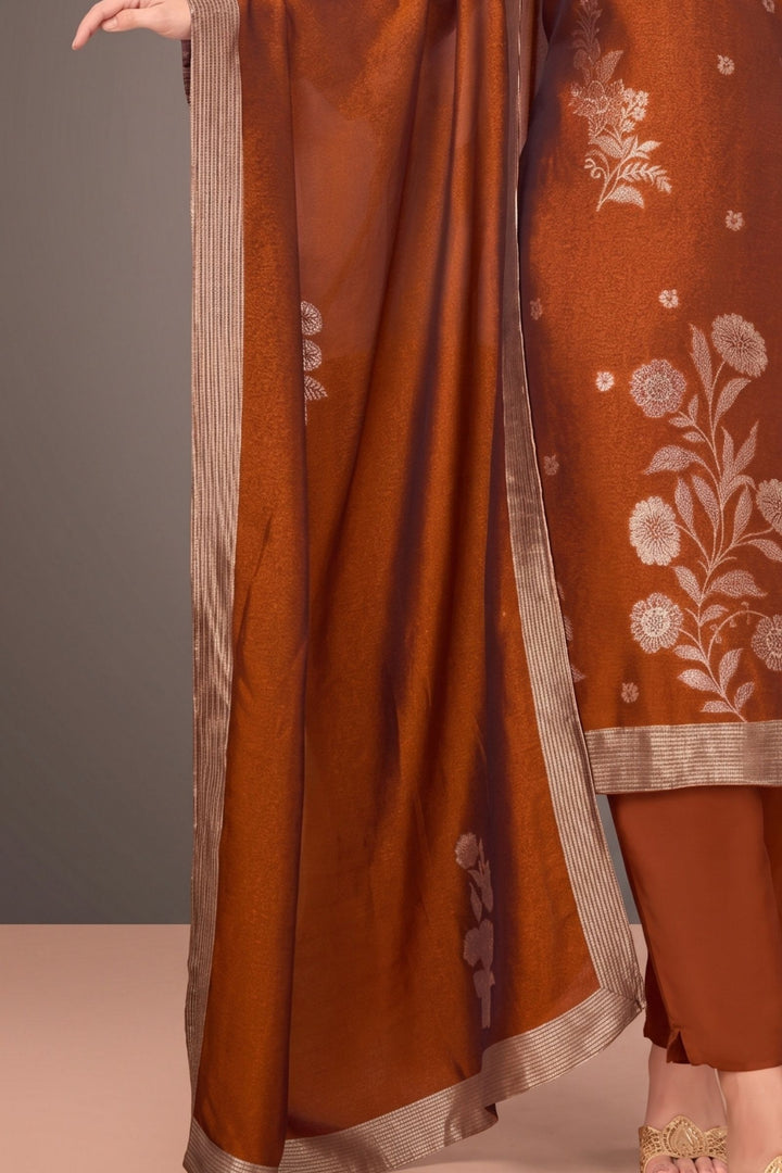Rust Brocade, Mirror, Beads and Sequins work Straight Cut Salwar Suit