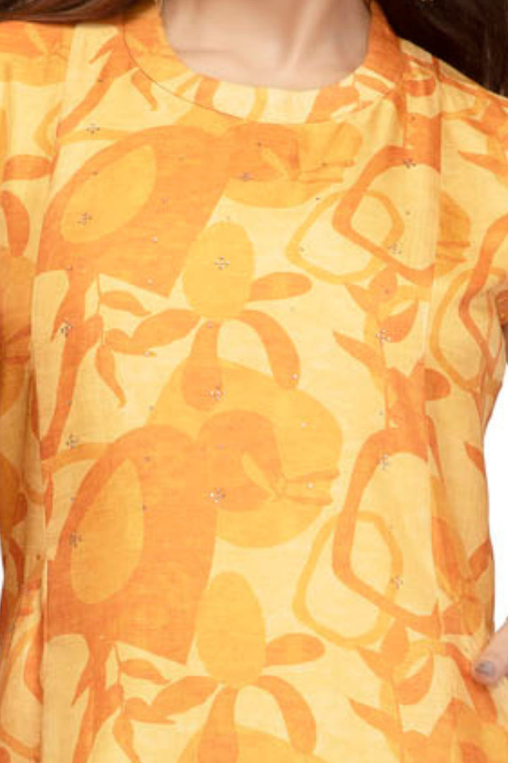 Yellow Stone work with Digital Print A-Line Cut Calf Length Kurti