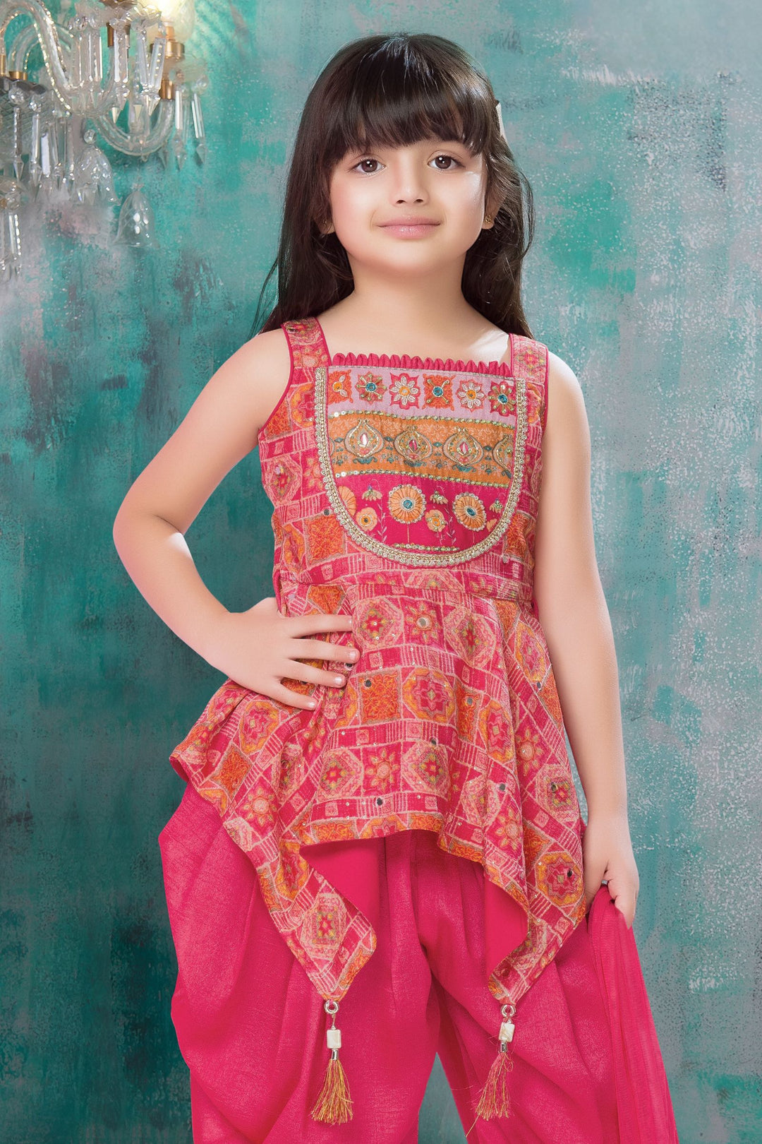 Tomato with Orange Beads, Sequins, Mirror and Zari work Dhoti Style Peplum Kurti for Girls