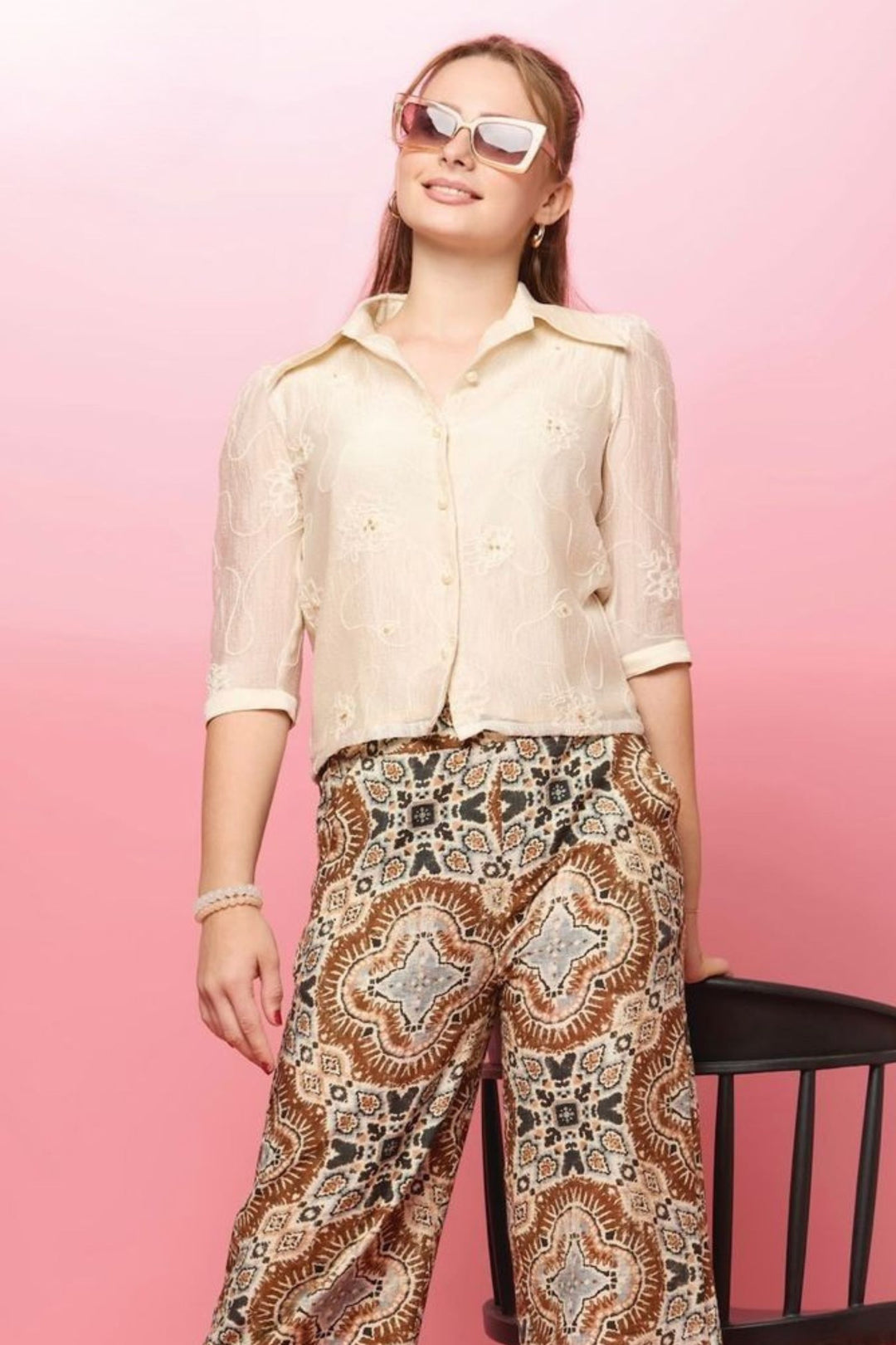Cream Thread work Top and Palazzo Set for Girls