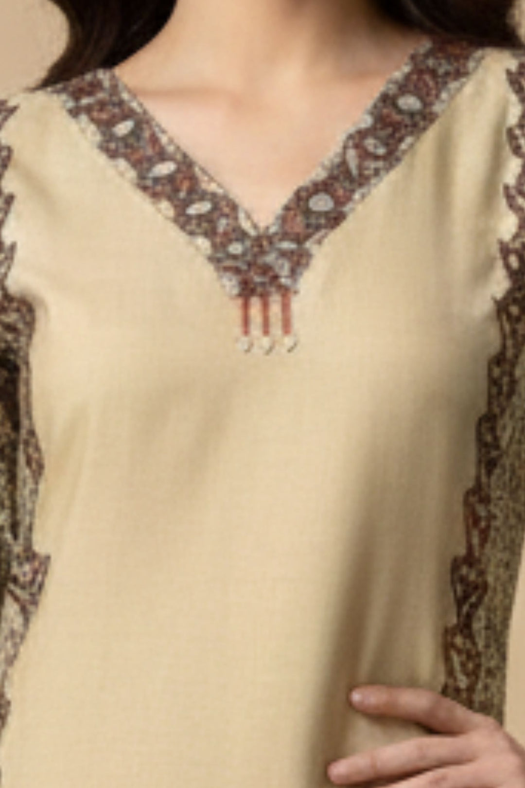 Beige Beads work with Ajrakh Print Calf Length Kurti