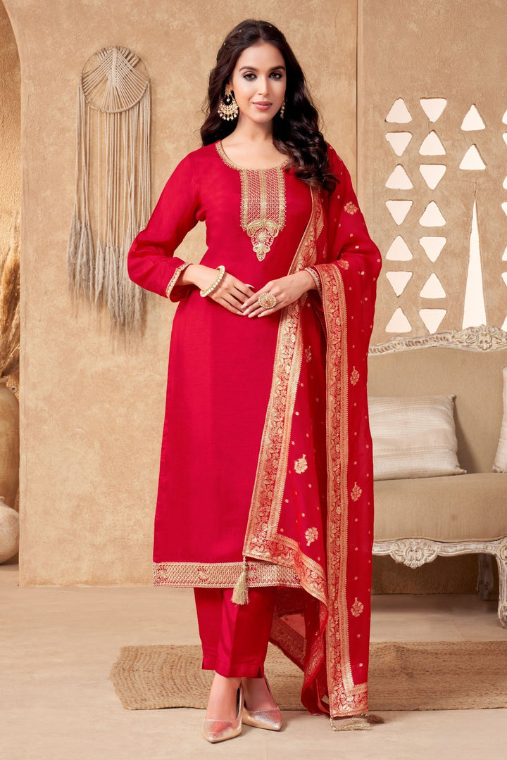 Red Sequins, Zari, Beads and Zardozi work Straight Cut Salwar Suit