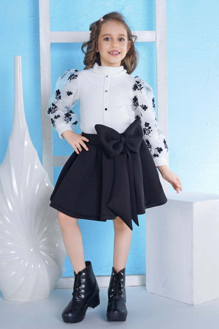 White with Black Velvet Embroidery work Top and Skirt for Girls