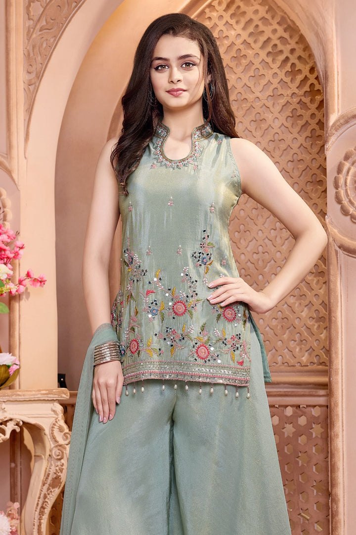 Sea Green Mirror, Beads and Multicolor Thread work Palazzo Suit Set for Girls