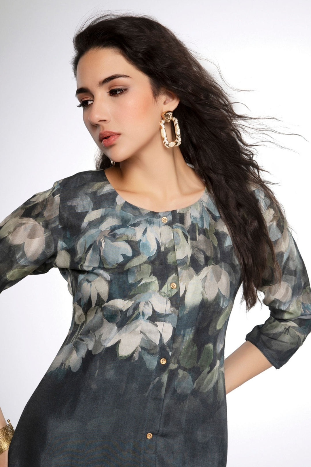 Dark Grey Floral Print Short Kurti
