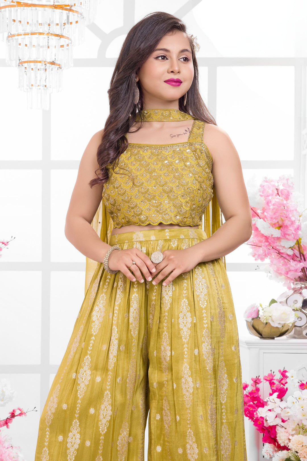 Mehendi Green Zari, Sequins and Beads work Palazzo Suit Set for Girls