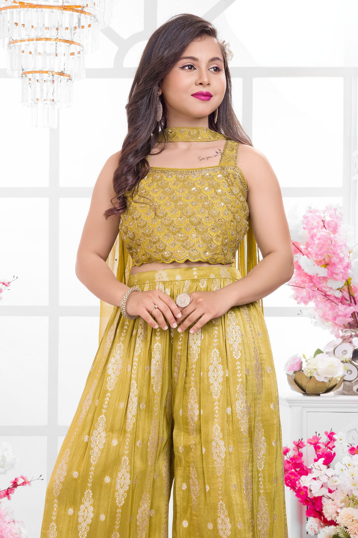 Mehendi Green Zari, Sequins and Beads work Palazzo Suit Set for Girls