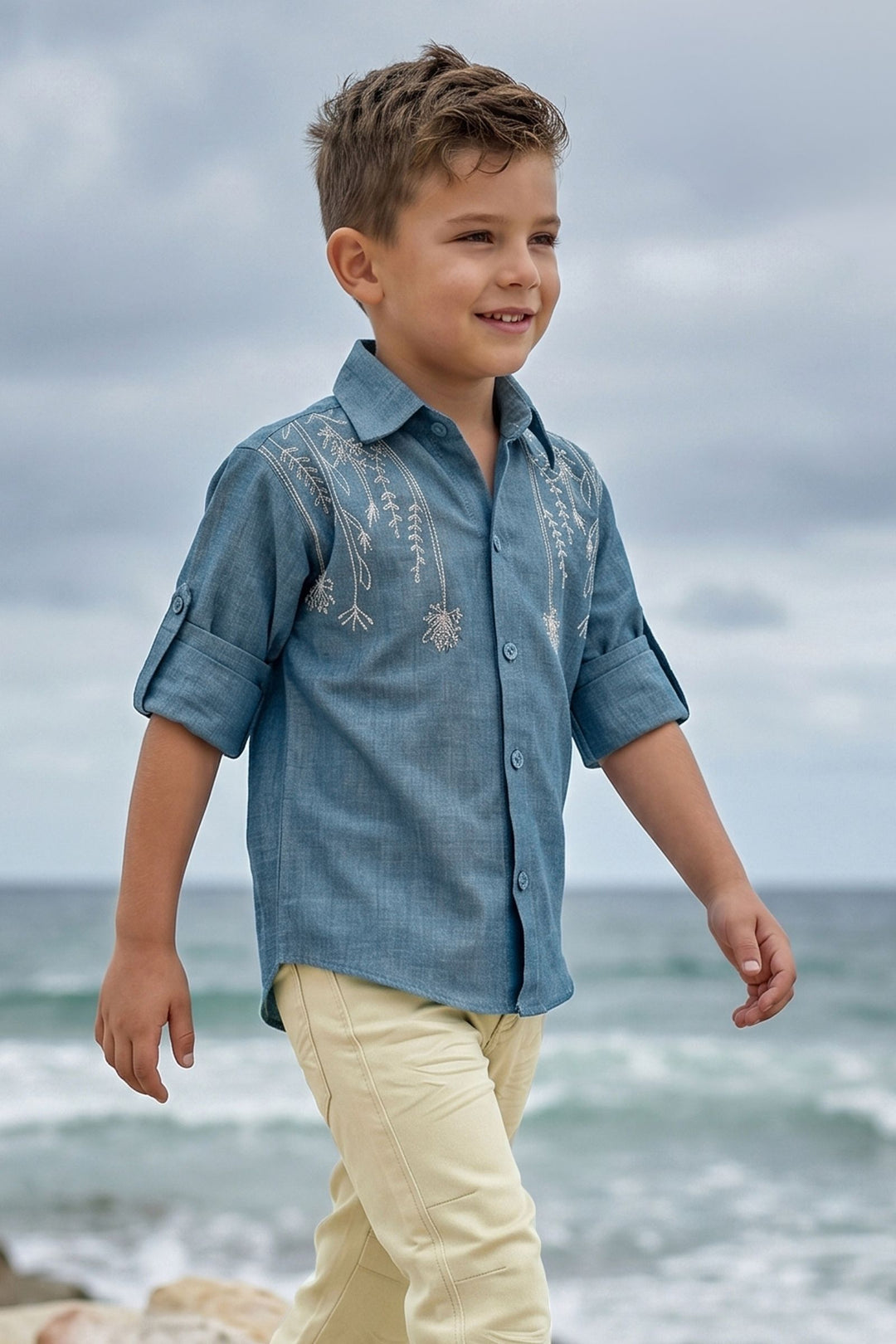 Blue Thread work Shirt and Beige Pant Set for Boys