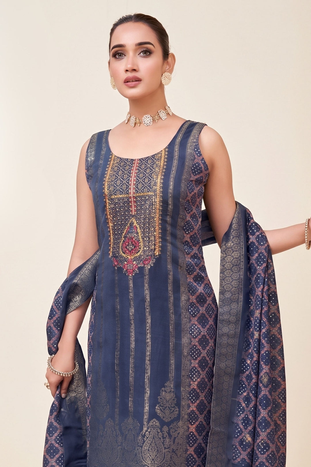 Blue Zardozi, Stone, Sequins and Banaras work Straight Cut Salwar Suit