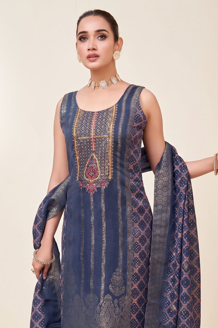 Blue Zardozi, Stone, Sequins and Banaras work Straight Cut Salwar Suit