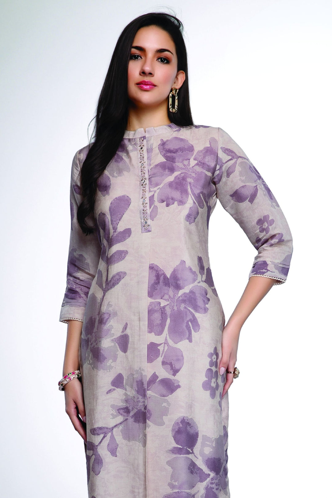 Beige with Purple Digital Print Calf Length Kurti