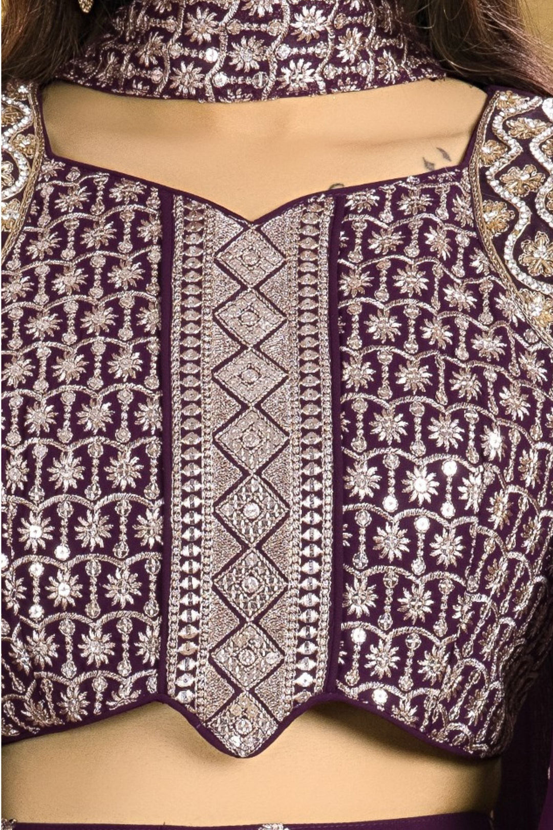 Dark Purple Sequins, Zari, Stone and Beads work Choli and Palazzo Set for Girls