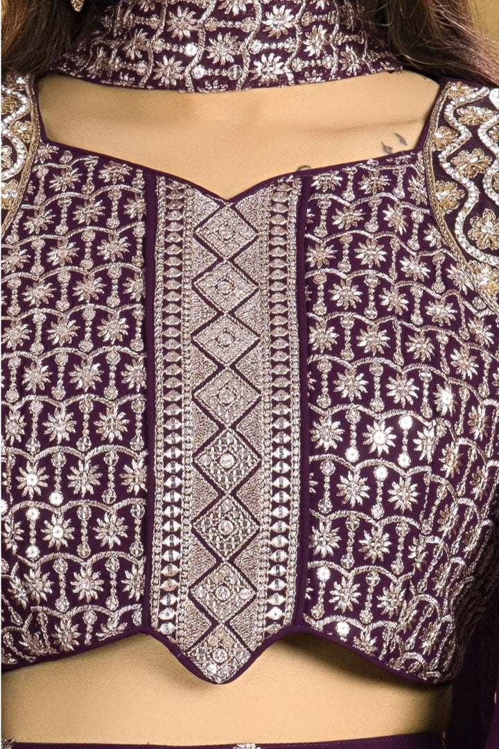 Dark Purple Sequins, Zari, Stone and Beads work Choli and Palazzo Set for Girls