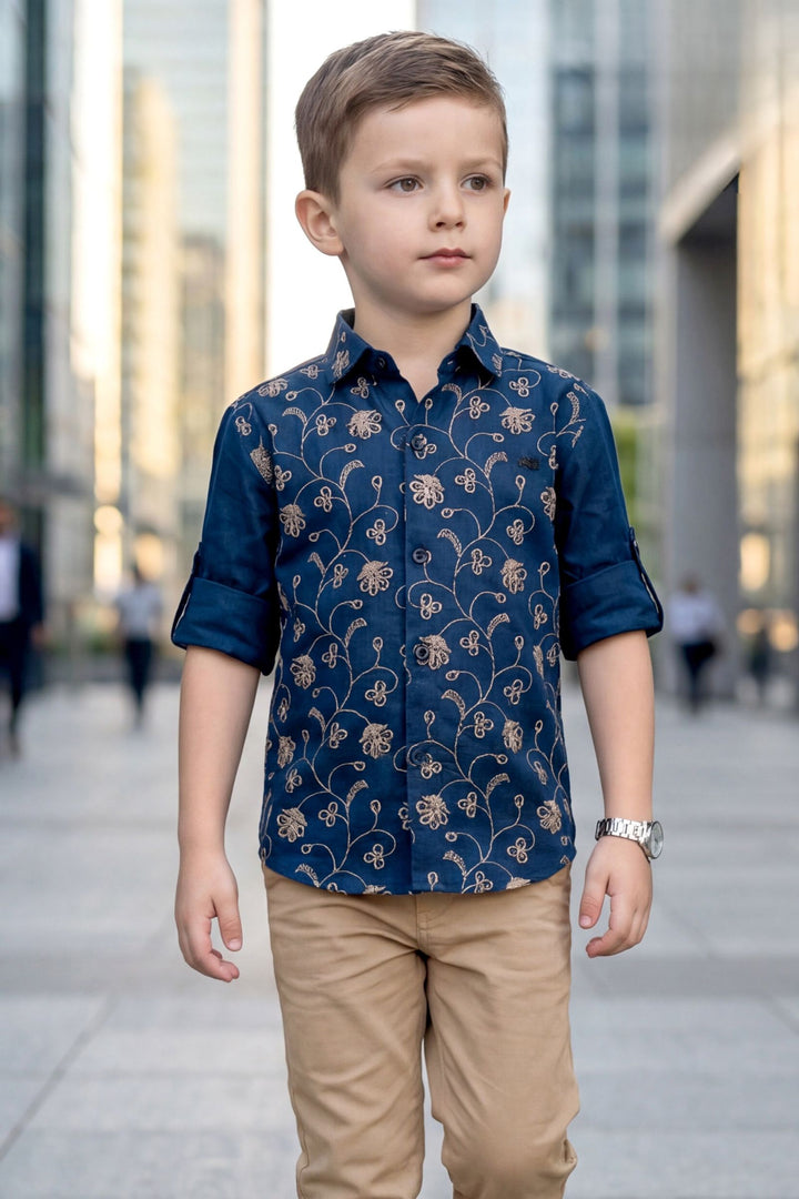 Blue Embroidery work Shirt and Brown Pant Set for Boys