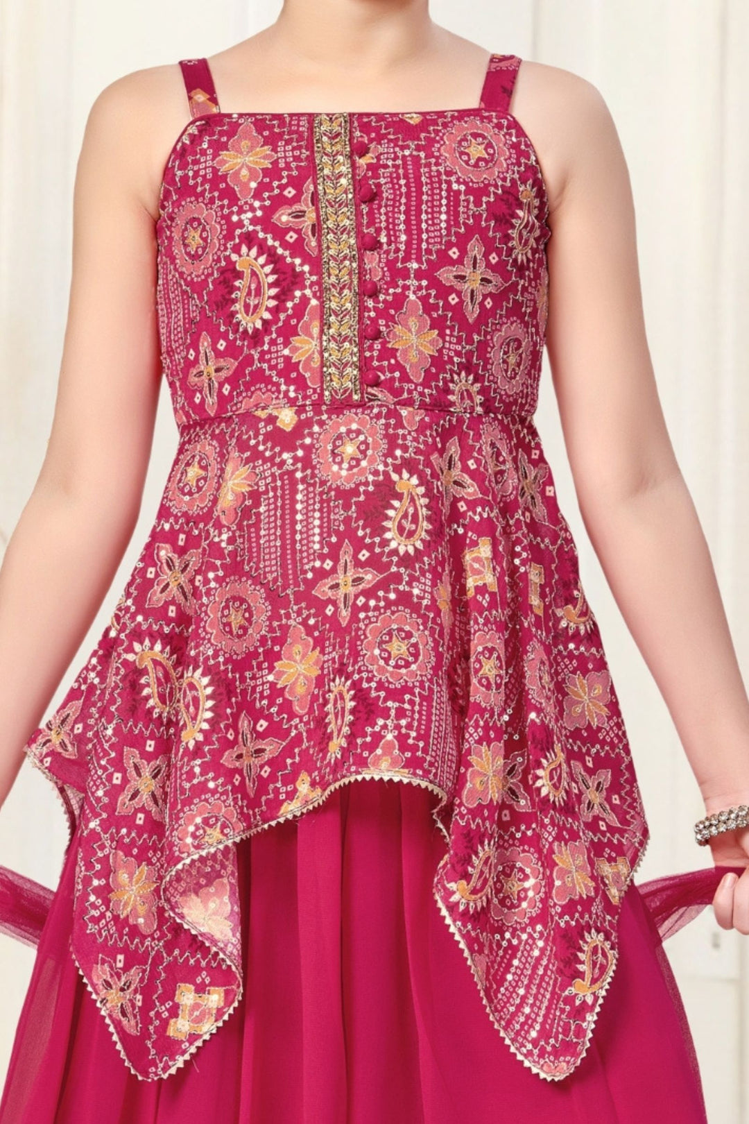 Rani Pink Zari, Sequins and Stone work with Digital Print Palazzo Set For Girls