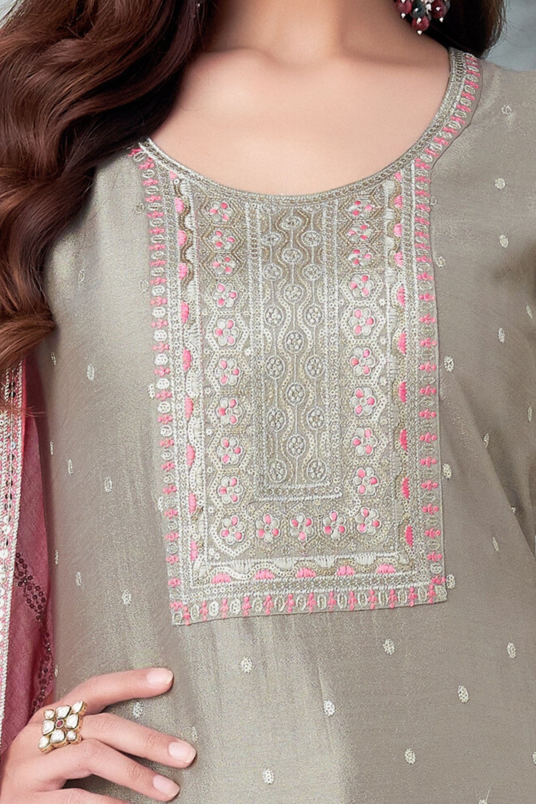 Grey Thread, Zari and Sequins work Straight Cut Salwar Suit