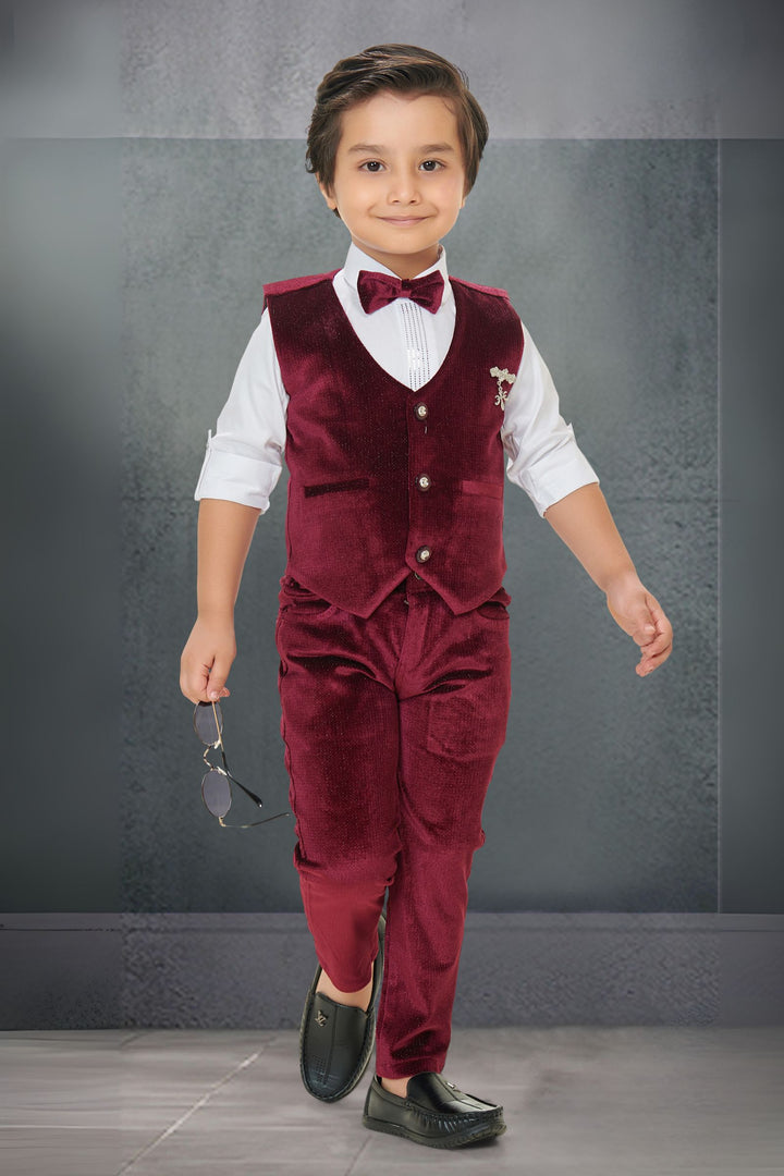 Maroon with White Waist Coat, Shirt and Suspender Style Pant Set for Boys
