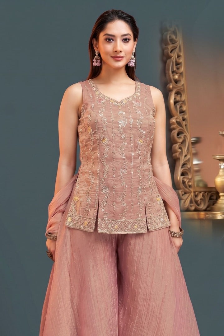 Peach Beads, Zari, Sequins and Thread work Palazzo Salwar Suit