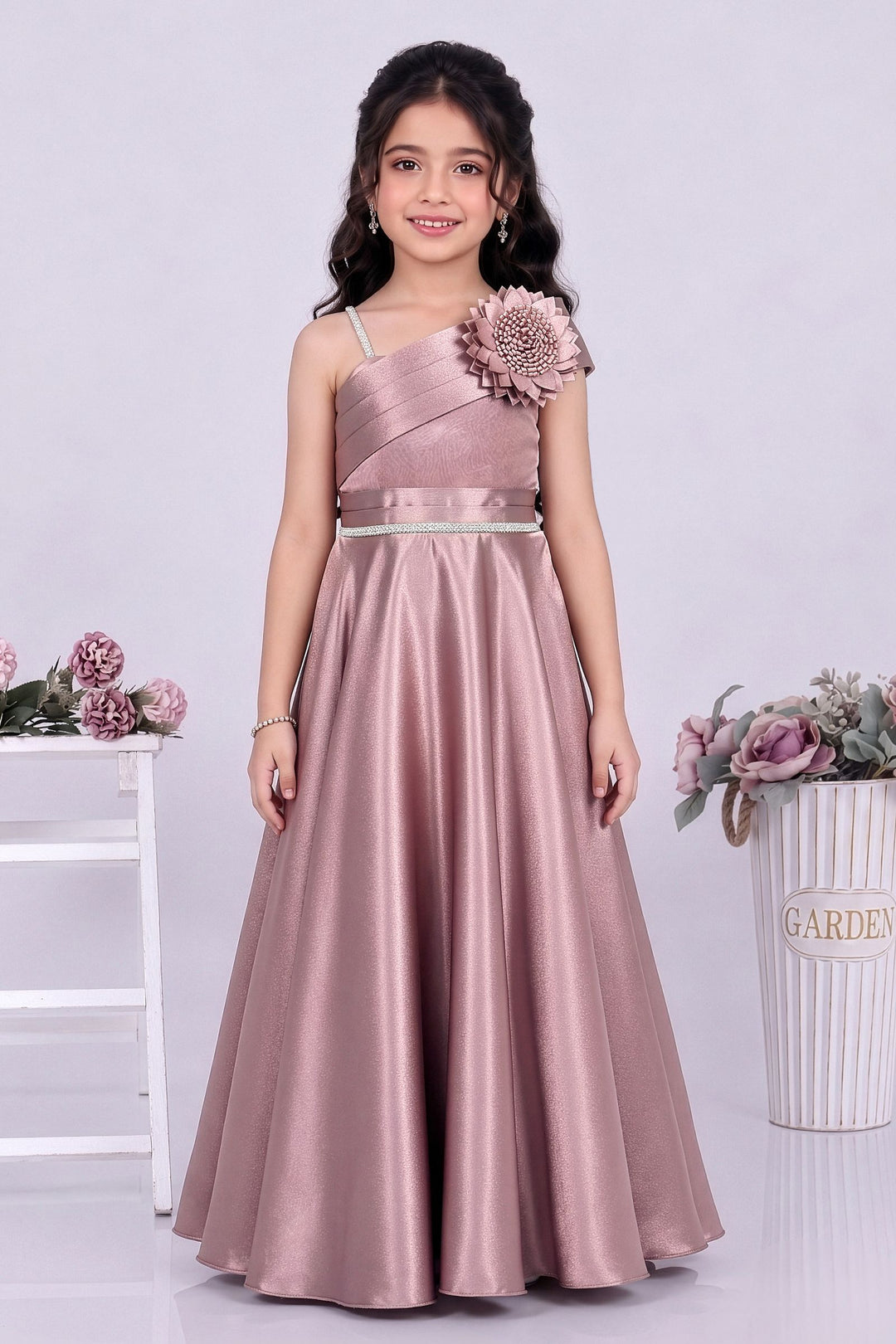 Rosy Peach One-Shoulder Flared Gown with Flower Applique for Girls