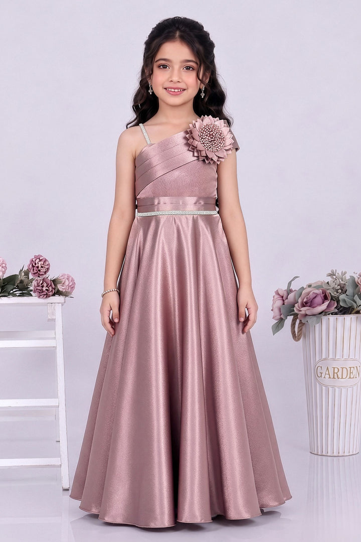 Rosy Peach One-Shoulder Flared Gown with Flower Applique for Girls