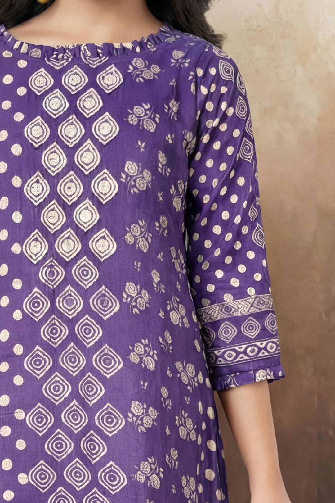 Purple Beads and Mirror work with Digital Print Anarkali Styled Salwar Suit for Girls