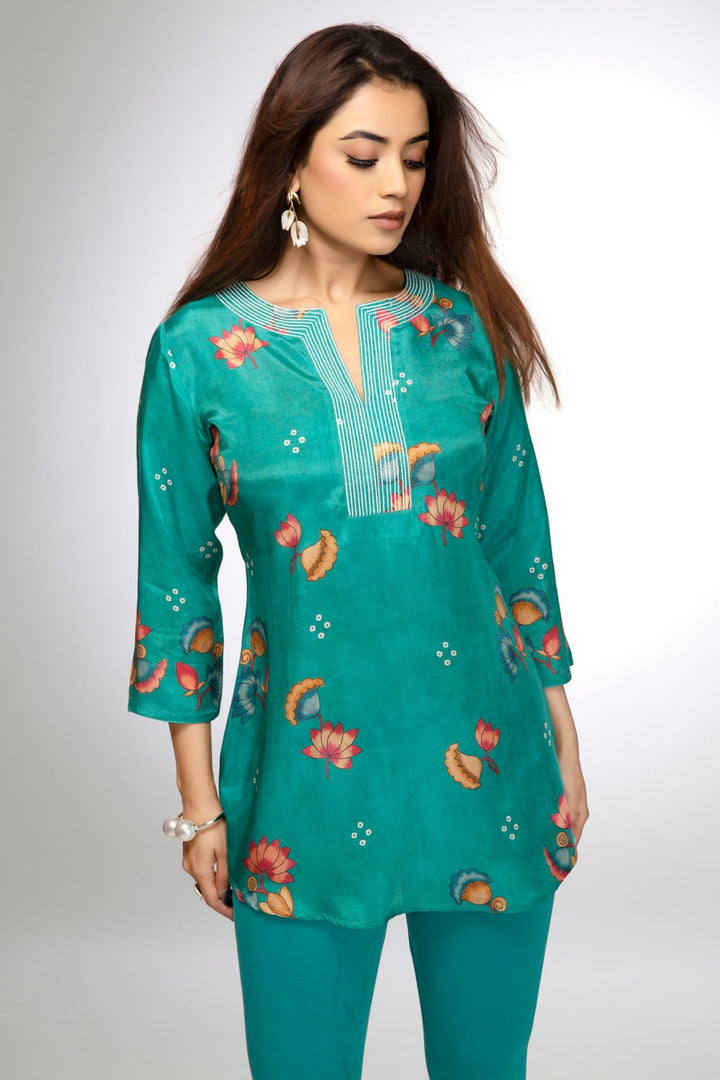 Rama Blue Floral Print Short Kurti