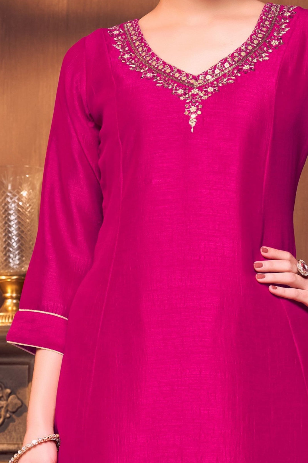 Dark Pink Sequins, Zari, Mirror, Stone and Zardozi work A-line Cut Salwar Suit