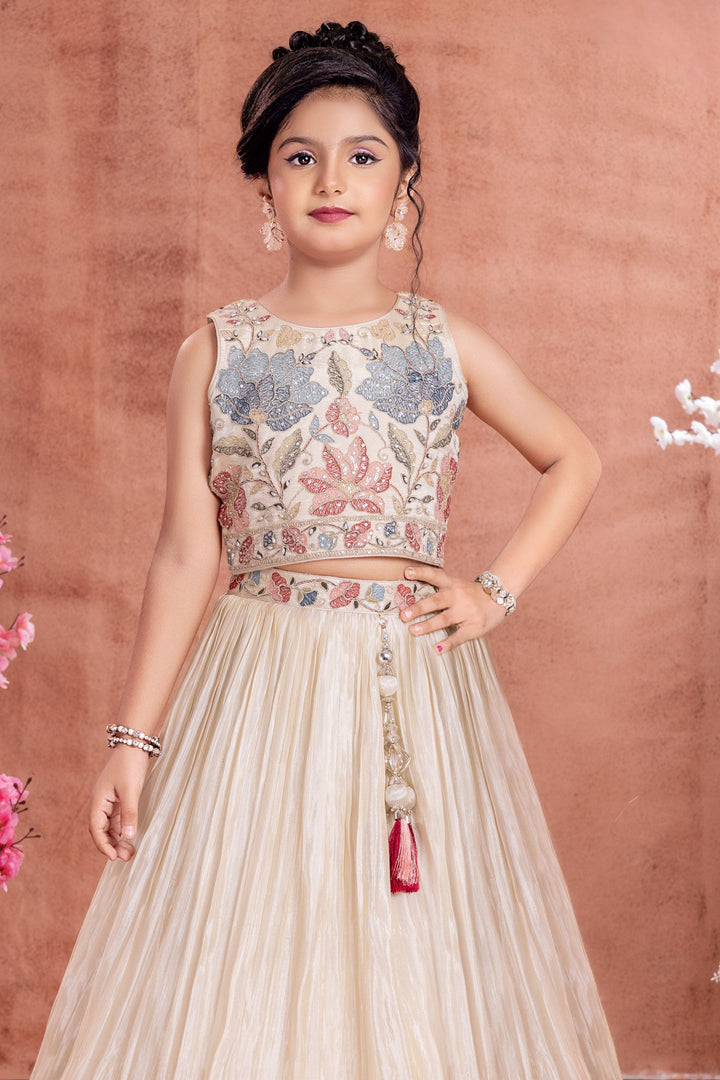Beige Stone, Multicolor Thread and Zari Thread work Lehenga Choli for Girls