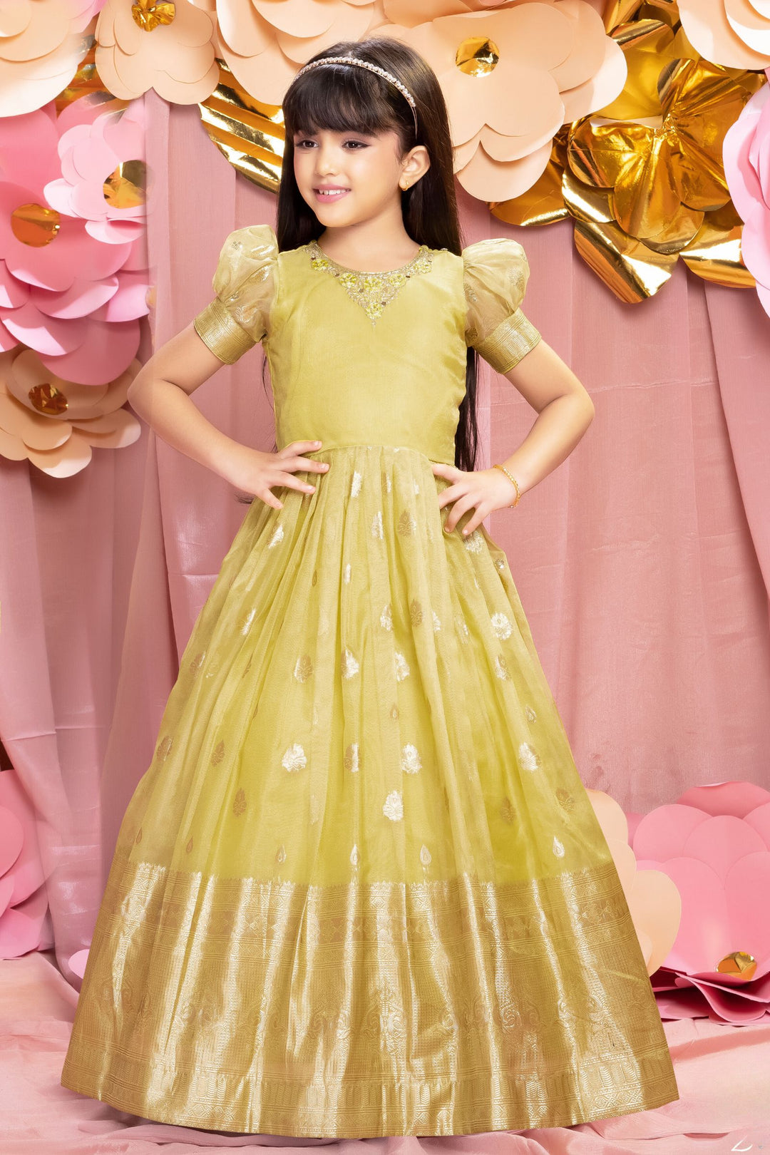 Lemon Yellow Zari, Zardozi, Sequins, Stone and Thread work Long Party Gown for Girls