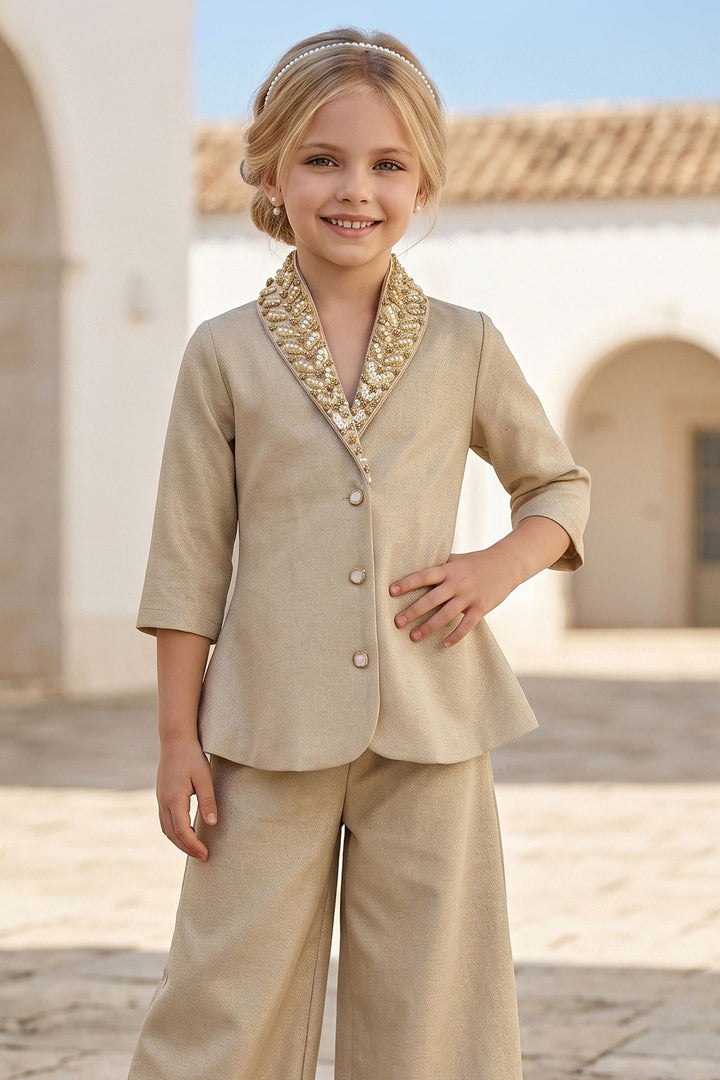 Fawn Sequins and Pearl work Palazzo Set for Girls