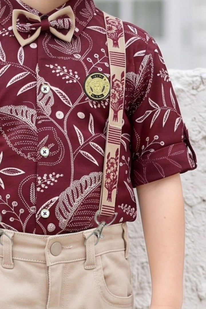 Maroon with Fawn Digital Print Suspender Style Pant Shirt Set for Boys
