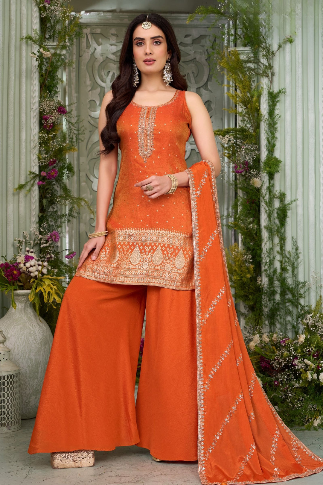 Orange Banaras, Zardozi, Mirror, Stone, Thread and Zari work Palazzo Salwar Suit