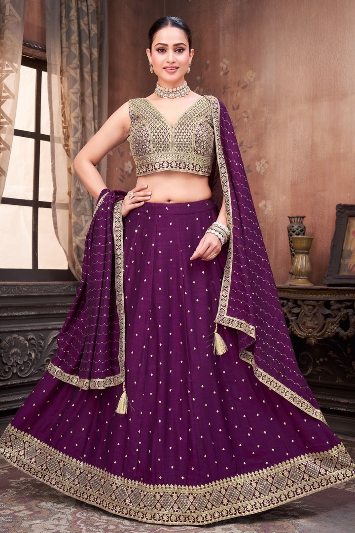 Wine Sequins and Zari work Crop Top Lehenga