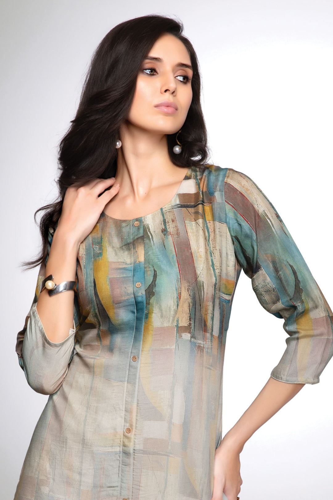 Beige Multicolor Digital Print Short Kurti