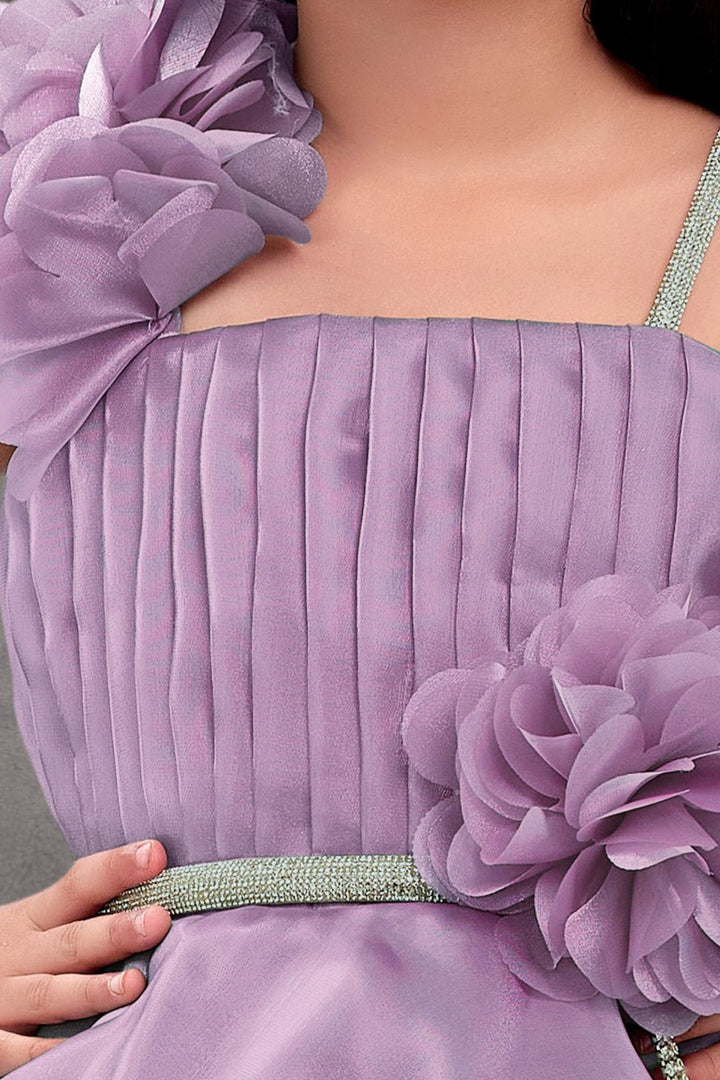 Light Lavender Stone and Sequins work Short Partywear Frock for Girls