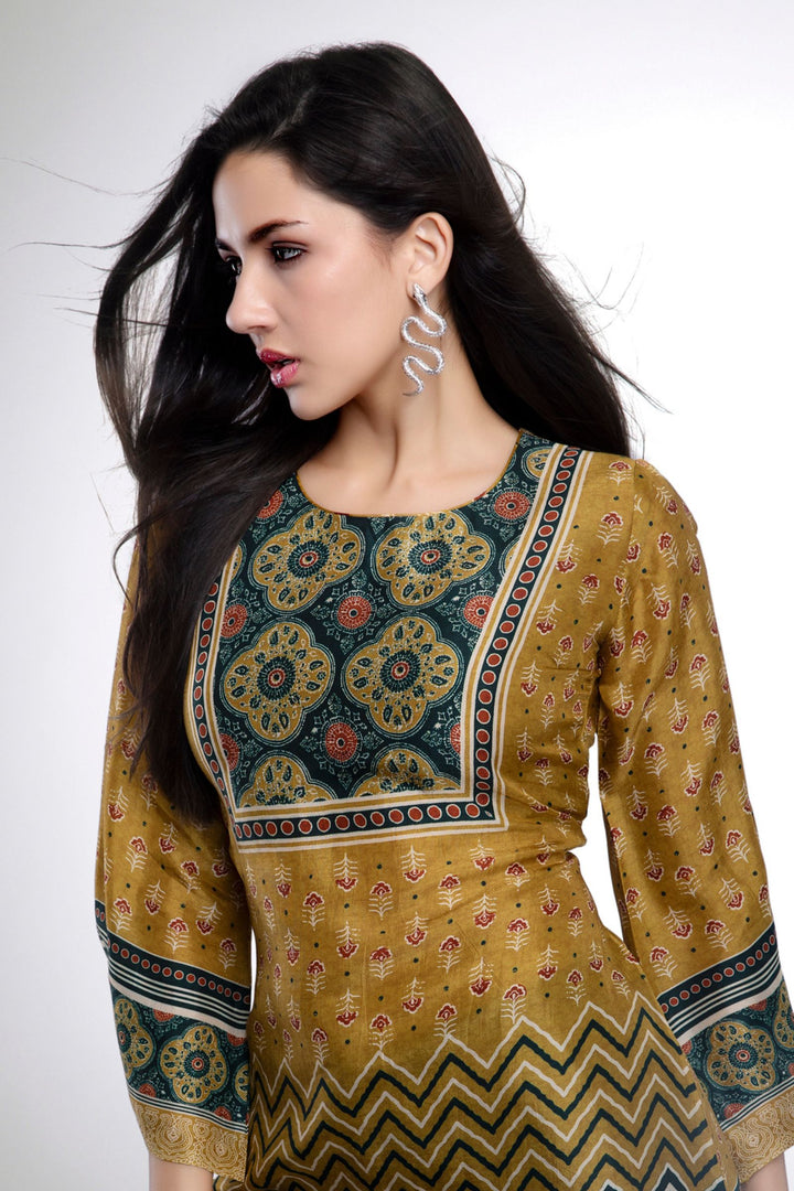 Mustard Multicolor Digital Print Short Kurti