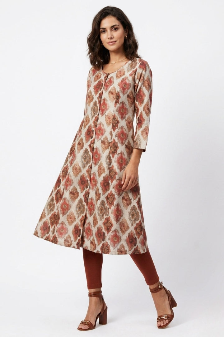 Beige with Red Digital Print A-Line Cut Calf Length Kurti